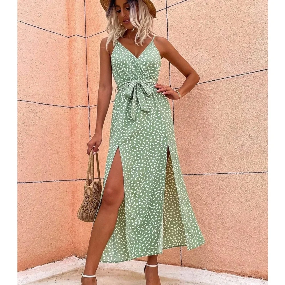 Women's Dress Ditsy Floral Print Slit Hem Belted Cami Dress‎ Dress S - Picture 3 of 4